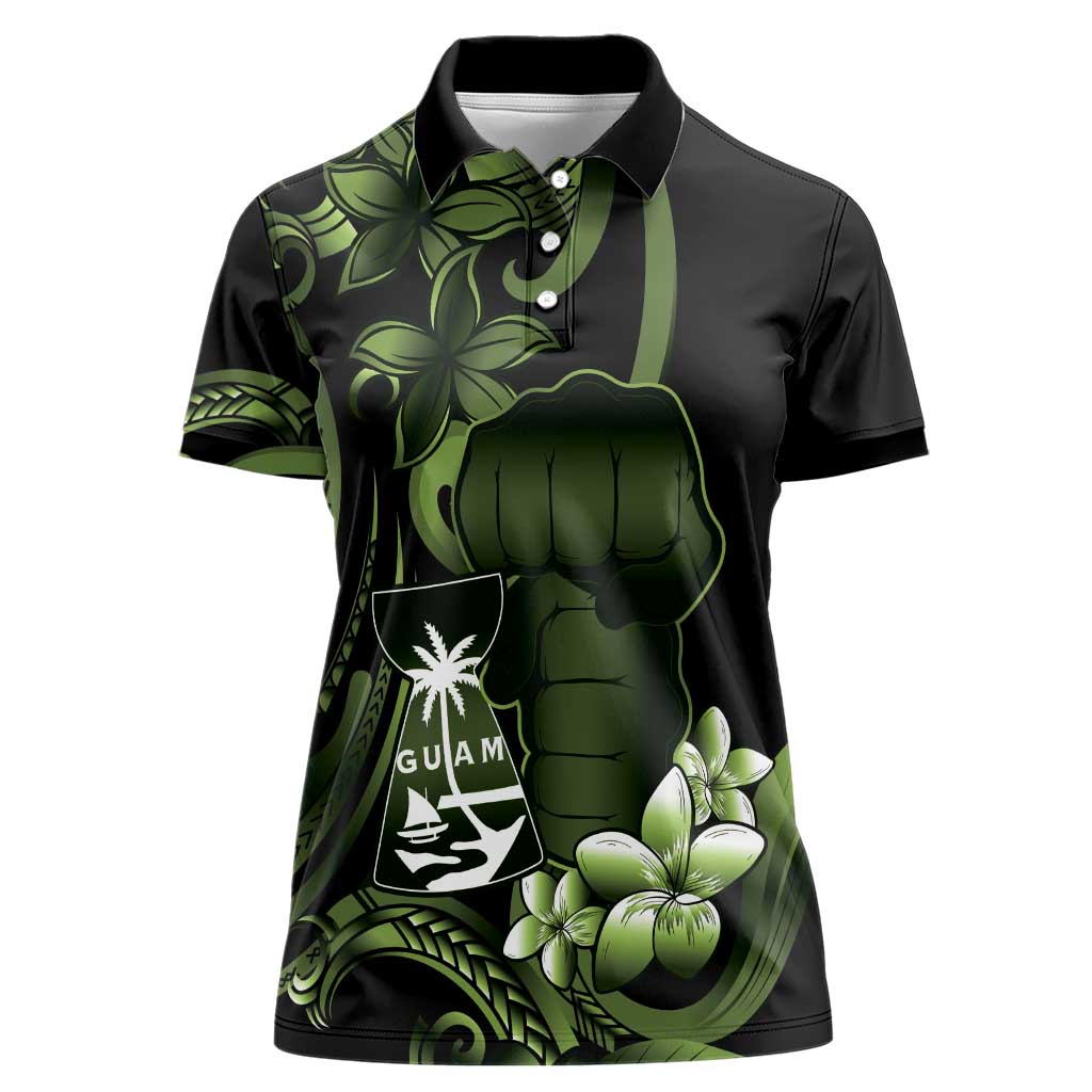Green Hafa Adai Guam Women Polo Shirt Chamorro Latte Stone Hand With Plumeria