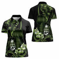 Green Hafa Adai Guam Women Polo Shirt Chamorro Latte Stone Hand With Plumeria