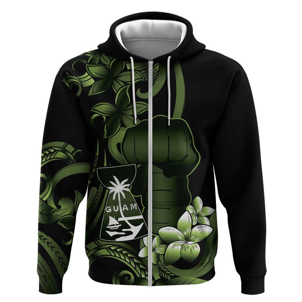 Green Hafa Adai Guam Zip Hoodie Chamorro Latte Stone Hand With Plumeria