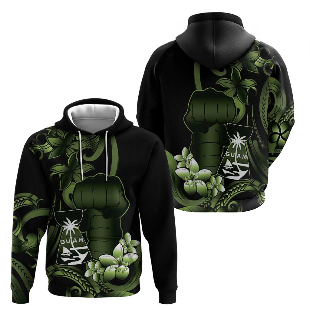 Green Hafa Adai Guam Zip Hoodie Chamorro Latte Stone Hand With Plumeria
