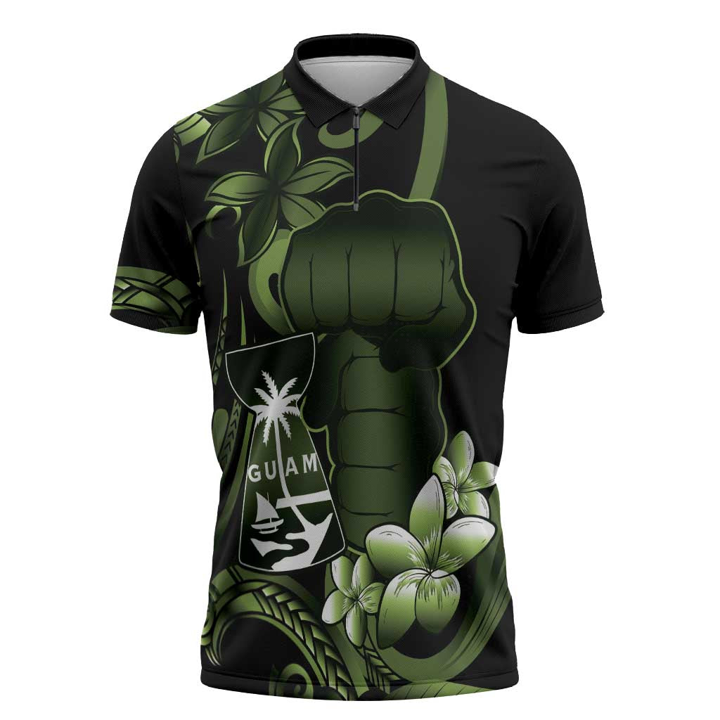 Green Hafa Adai Guam Zipper Polo Shirt Chamorro Latte Stone Hand With Plumeria - Polynesian Pride