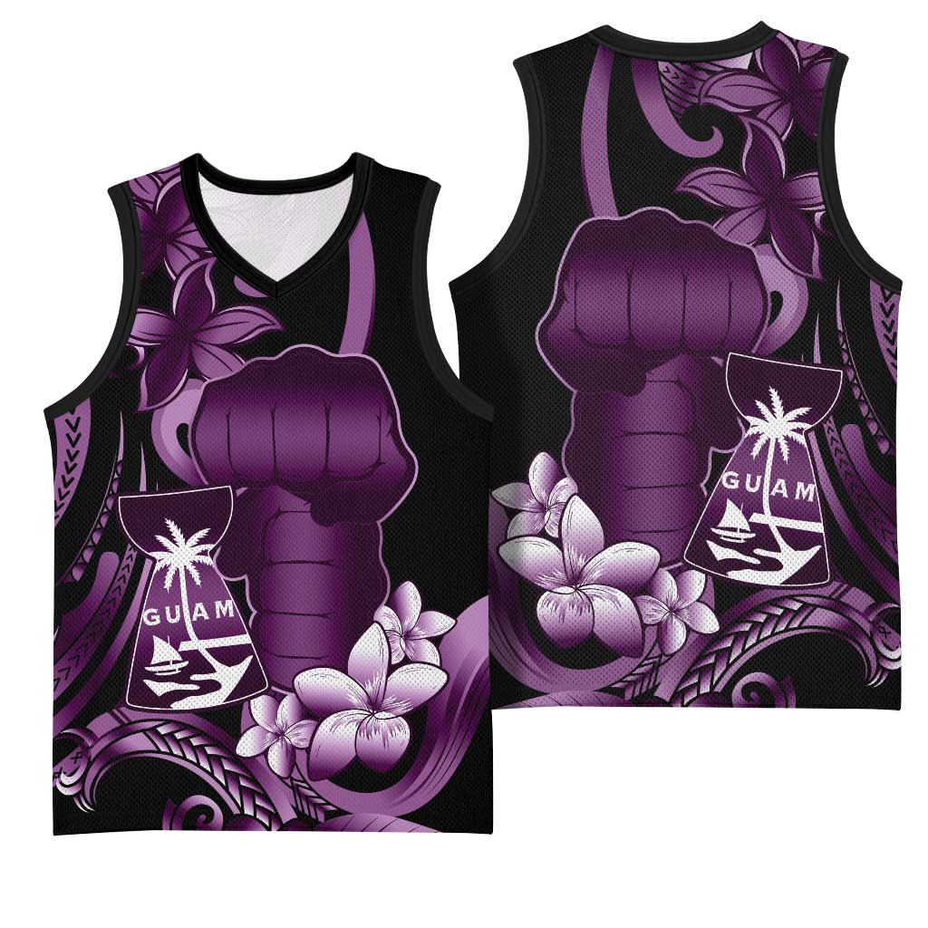 Purple Hafa Adai Guam Basketball Jersey Chamorro Latte Stone Hand With Plumeria - Polynesian Pride