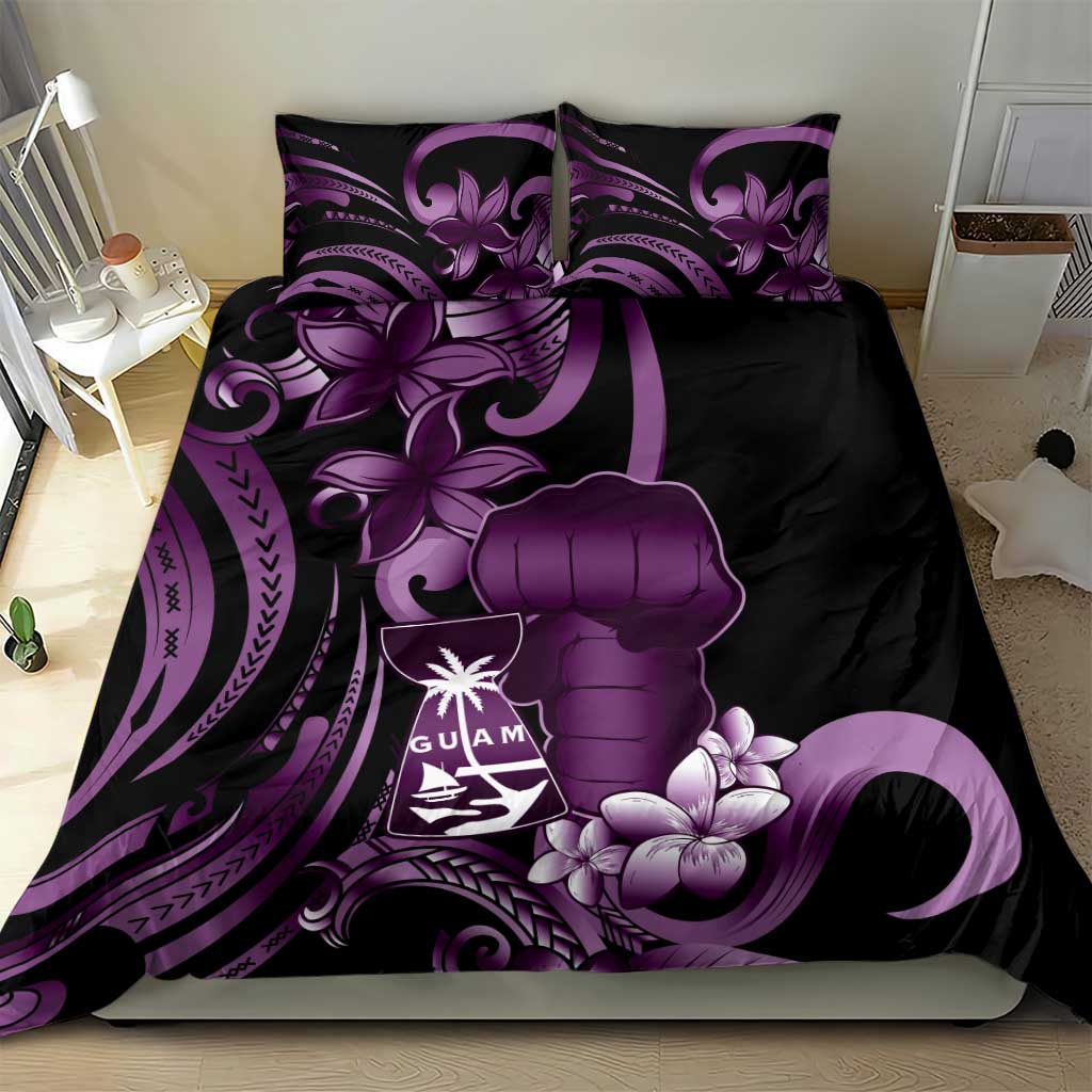Purple Hafa Adai Guam Bedding Set Chamorro Latte Stone Hand With Plumeria