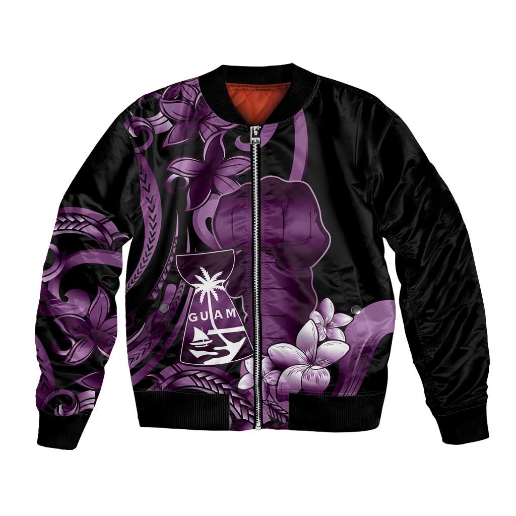 Purple Hafa Adai Guam Bomber Jacket Chamorro Latte Stone Hand With Plumeria