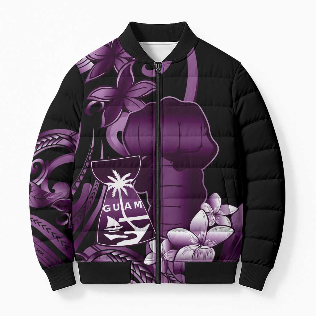 Purple Hafa Adai Guam Bomber Puffer Jacket Chamorro Latte Stone Hand With Plumeria - Polynesian Pride