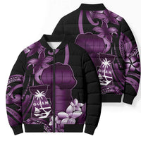 Purple Hafa Adai Guam Bomber Puffer Jacket Chamorro Latte Stone Hand With Plumeria - Polynesian Pride