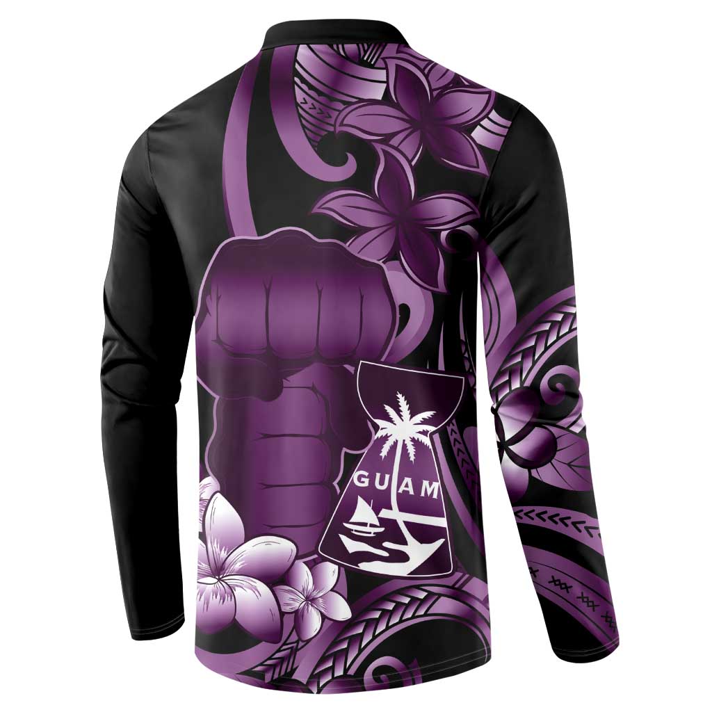 Purple Hafa Adai Guam Button Sweatshirt Chamorro Latte Stone Hand With Plumeria