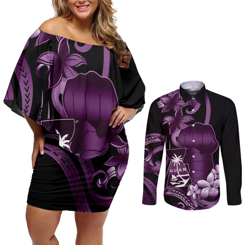 Purple Hafa Adai Guam Couples Matching Off Shoulder Short Dress and Long Sleeve Button Shirt Chamorro Latte Stone Hand With Plumeria