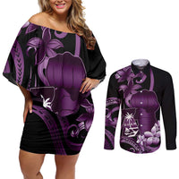 Purple Hafa Adai Guam Couples Matching Off Shoulder Short Dress and Long Sleeve Button Shirt Chamorro Latte Stone Hand With Plumeria