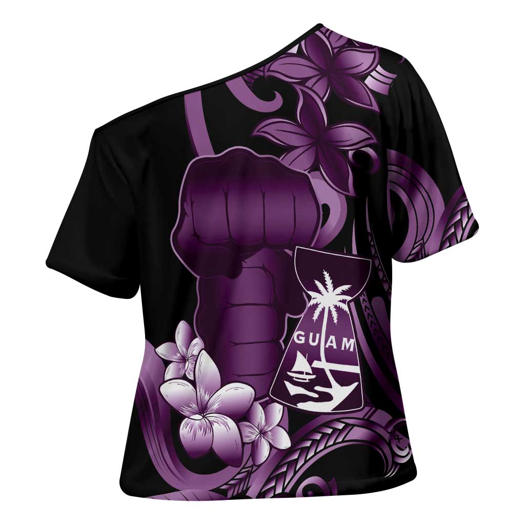 Purple Hafa Adai Guam Cross Shoulder Shirt Chamorro Latte Stone Hand With Plumeria - Polynesian Pride