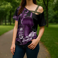 Purple Hafa Adai Guam Cross Shoulder Shirt Chamorro Latte Stone Hand With Plumeria - Polynesian Pride
