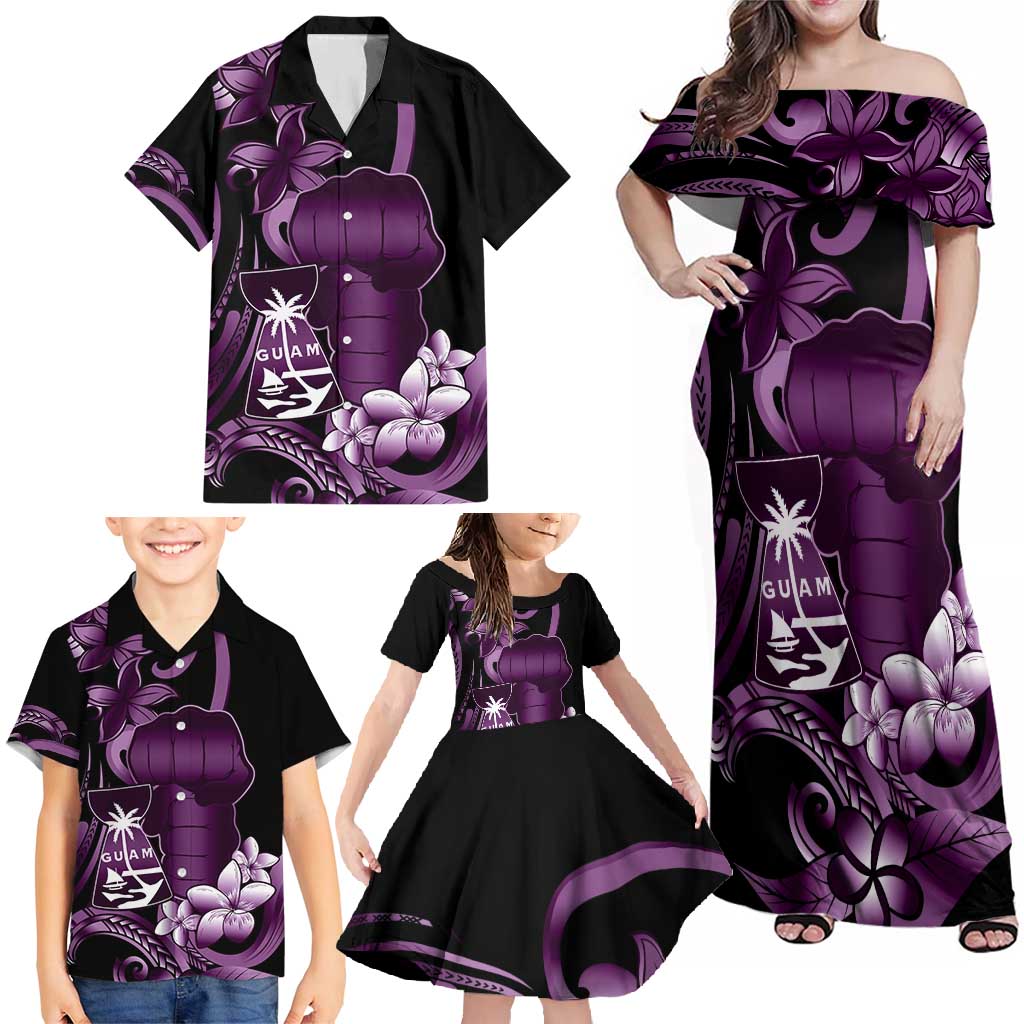 Purple Hafa Adai Guam Family Matching Off Shoulder Maxi Dress and Hawaiian Shirt Chamorro Latte Stone Hand With Plumeria