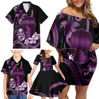 Purple Hafa Adai Guam Family Matching Off Shoulder Short Dress and Hawaiian Shirt Chamorro Latte Stone Hand With Plumeria
