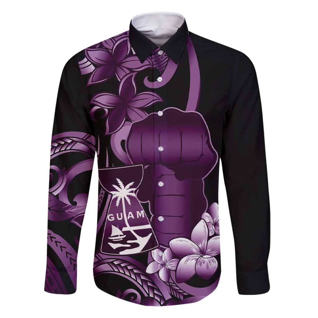 Purple Hafa Adai Guam Family Matching Short Sleeve Bodycon Dress and Hawaiian Shirt Chamorro Latte Stone Hand With Plumeria