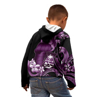 Purple Hafa Adai Guam Kid Hoodie Chamorro Latte Stone Hand With Plumeria
