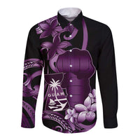 Purple Hafa Adai Guam Long Sleeve Button Shirt Chamorro Latte Stone Hand With Plumeria