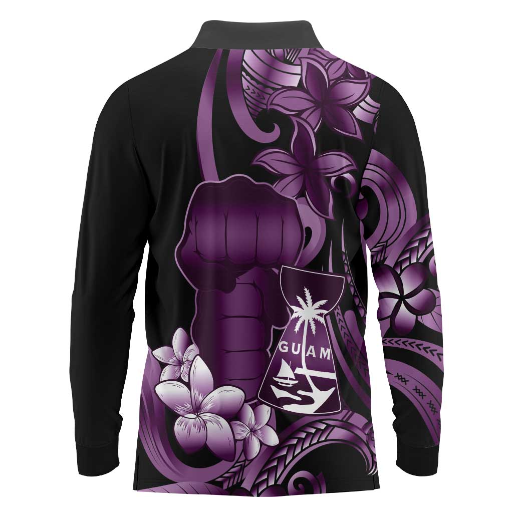 Purple Hafa Adai Guam Long Sleeve Polo Shirt Chamorro Latte Stone Hand With Plumeria