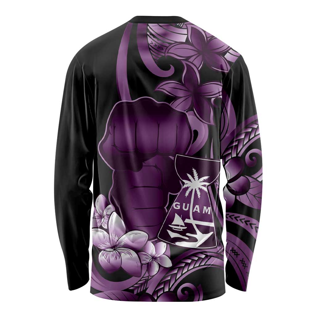 Purple Hafa Adai Guam Long Sleeve Shirt Chamorro Latte Stone Hand With Plumeria