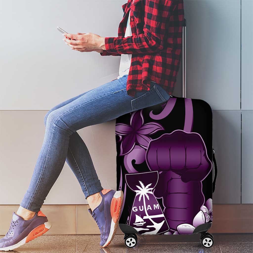 Purple Hafa Adai Guam Luggage Cover Chamorro Latte Stone Hand With Plumeria