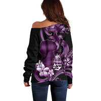 Purple Hafa Adai Guam Off Shoulder Sweater Chamorro Latte Stone Hand With Plumeria