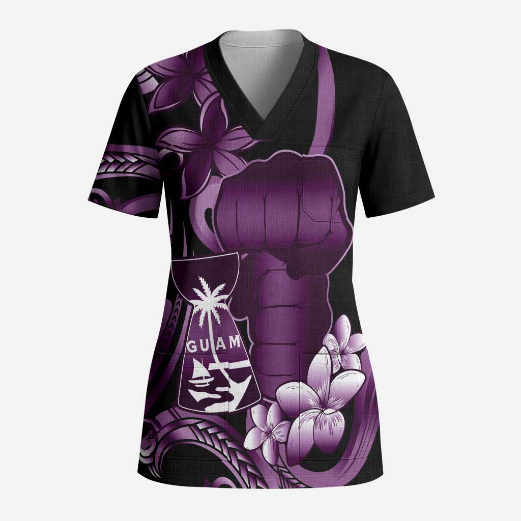 Purple Hafa Adai Guam Scrub Top Chamorro Latte Stone Hand With Plumeria - Polynesian Pride