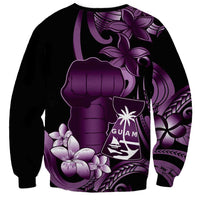Purple Hafa Adai Guam Sweatshirt Chamorro Latte Stone Hand With Plumeria
