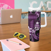 Purple Hafa Adai Guam Tumbler With Handle Chamorro Latte Stone Hand With Plumeria