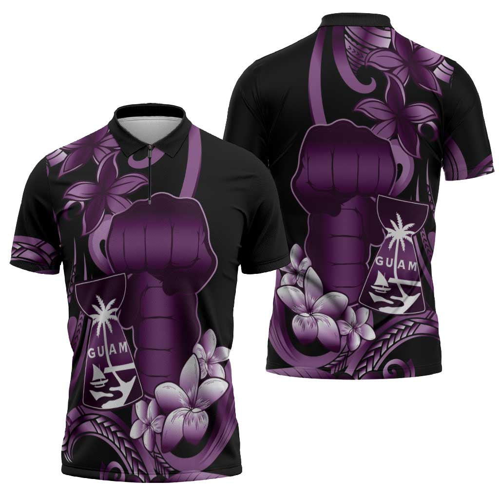 Purple Hafa Adai Guam Zipper Polo Shirt Chamorro Latte Stone Hand With Plumeria - Polynesian Pride