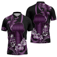 Purple Hafa Adai Guam Zipper Polo Shirt Chamorro Latte Stone Hand With Plumeria - Polynesian Pride