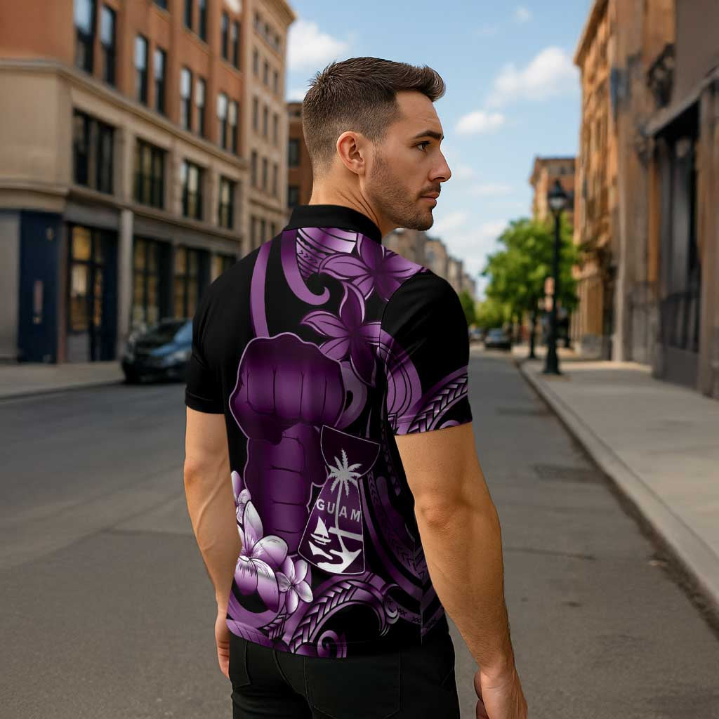Purple Hafa Adai Guam Zipper Polo Shirt Chamorro Latte Stone Hand With Plumeria - Polynesian Pride