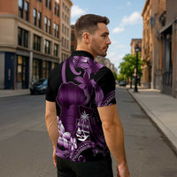 Purple Hafa Adai Guam Zipper Polo Shirt Chamorro Latte Stone Hand With Plumeria - Polynesian Pride