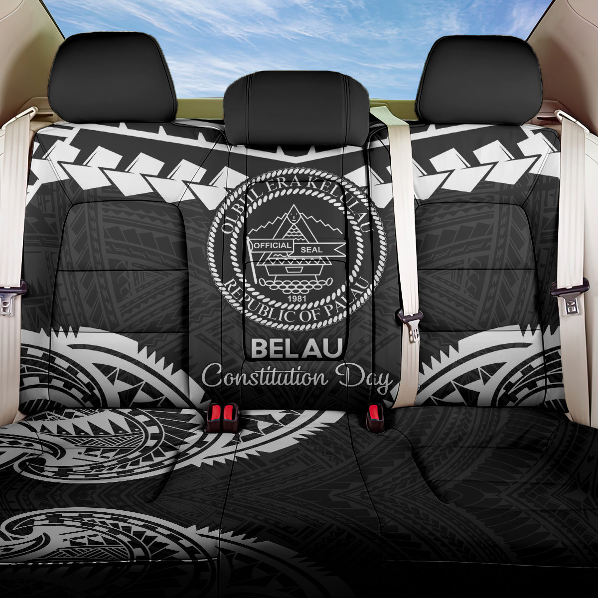 Palau Constitution Day Back Car Seat Cover Belau Seal With Polynesian Pattern - Black