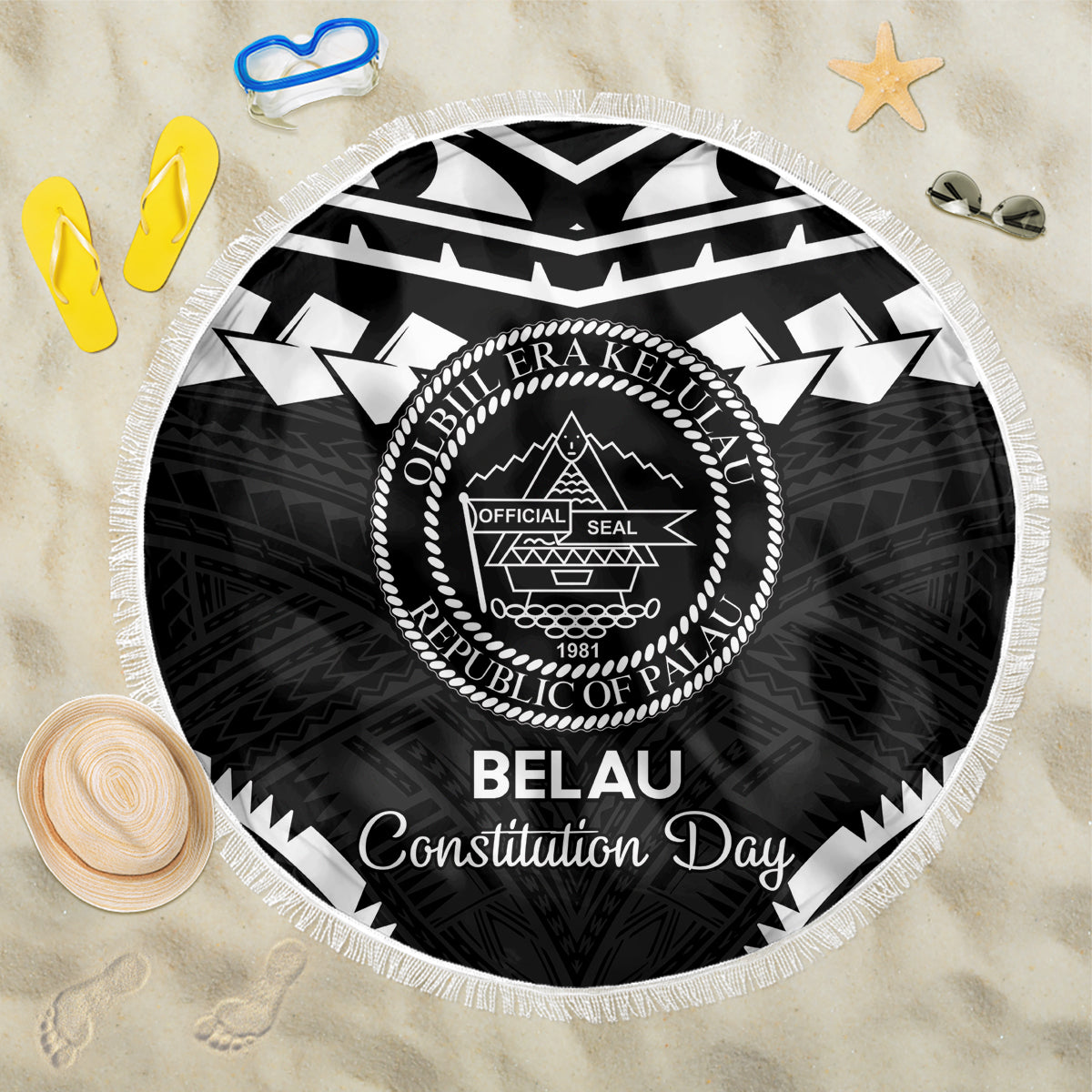 Palau Constitution Day Beach Blanket Belau Seal With Polynesian Pattern - Black