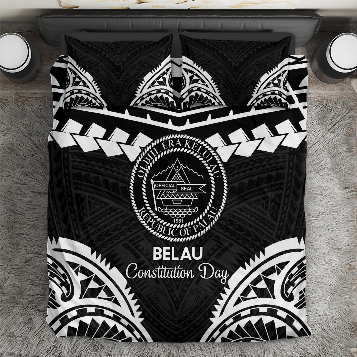 Palau Constitution Day Bedding Set Belau Seal With Polynesian Pattern - Black
