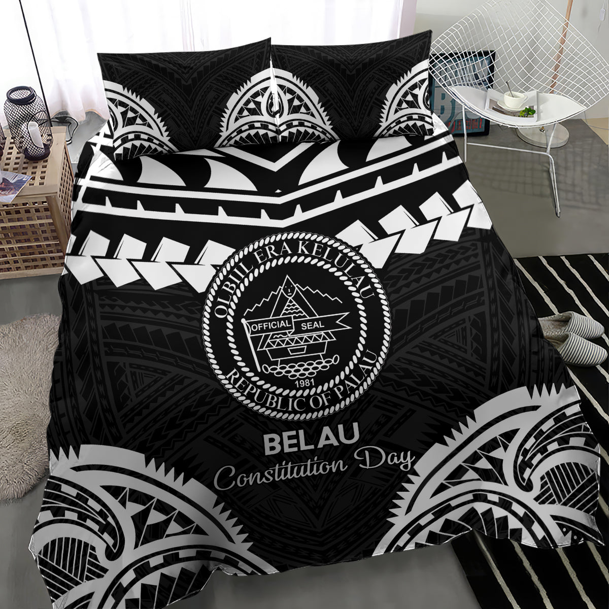 Palau Constitution Day Bedding Set Belau Seal With Polynesian Pattern - Black