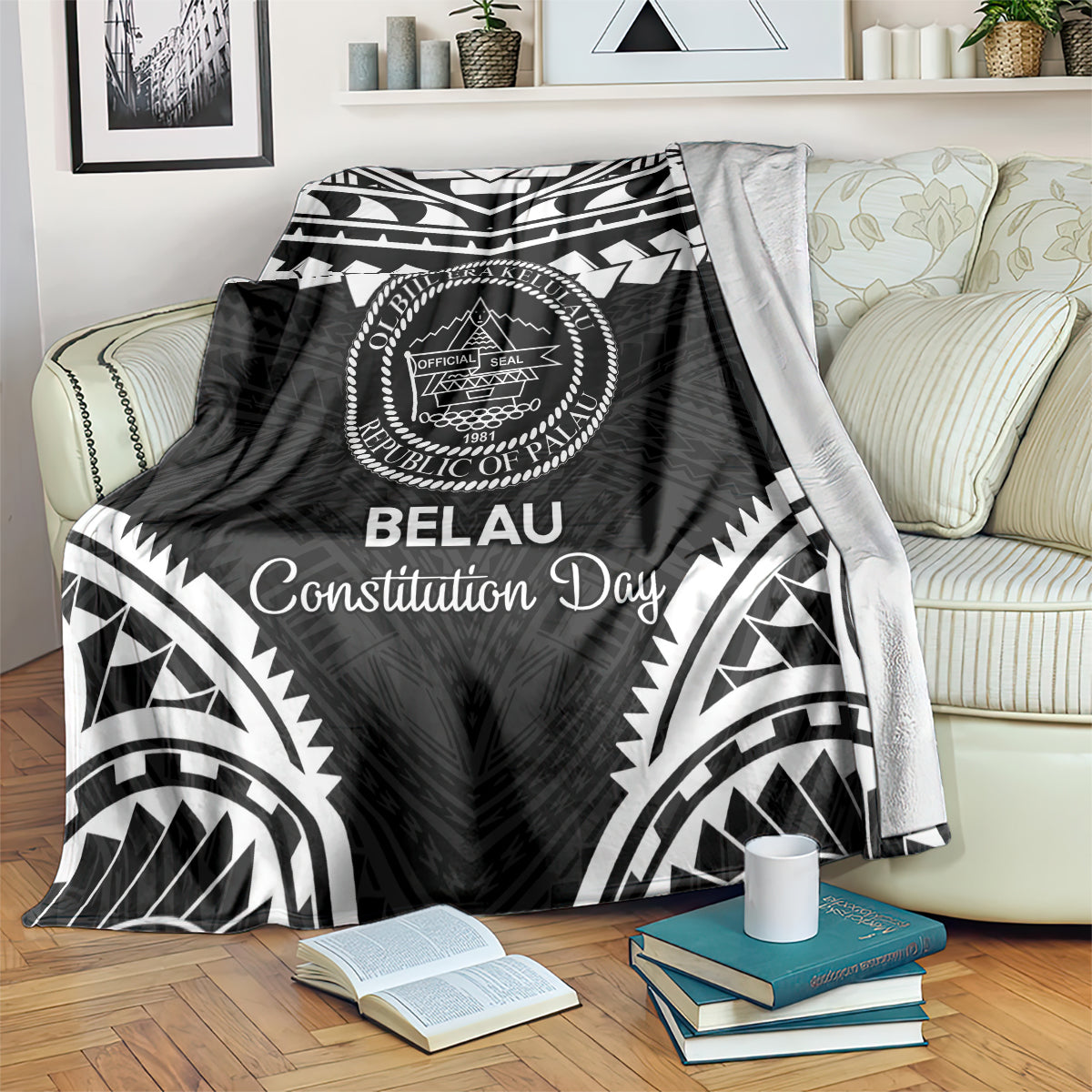 Palau Constitution Day Blanket Belau Seal With Polynesian Pattern - Black