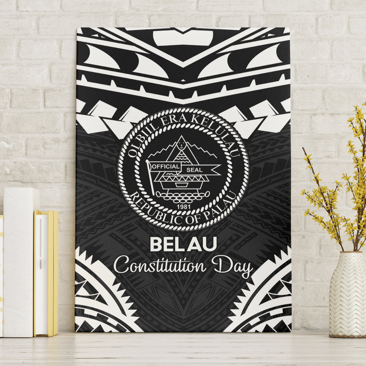 Palau Constitution Day Canvas Wall Art Belau Seal With Polynesian Pattern - Black