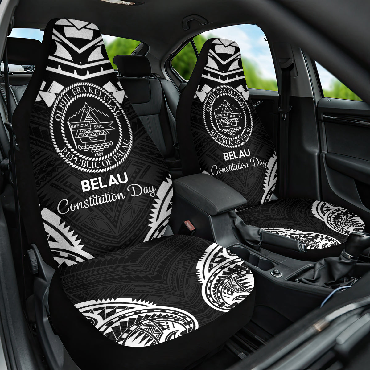 Palau Constitution Day Car Seat Cover Belau Seal With Polynesian Pattern - Black