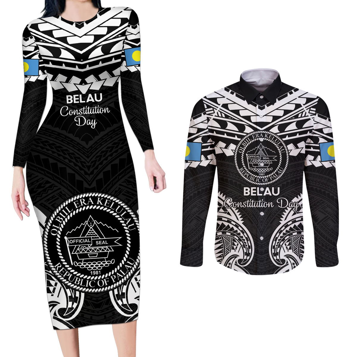 Palau Constitution Day Couples Matching Long Sleeve Bodycon Dress and Long Sleeve Button Shirt Belau Seal With Polynesian Pattern - Black