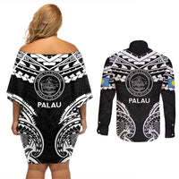Palau Constitution Day Couples Matching Off Shoulder Short Dress and Long Sleeve Button Shirt Belau Seal With Polynesian Pattern - Black