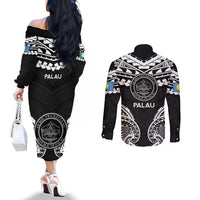 Palau Constitution Day Couples Matching Off The Shoulder Long Sleeve Dress and Long Sleeve Button Shirt Belau Seal With Polynesian Pattern - Black