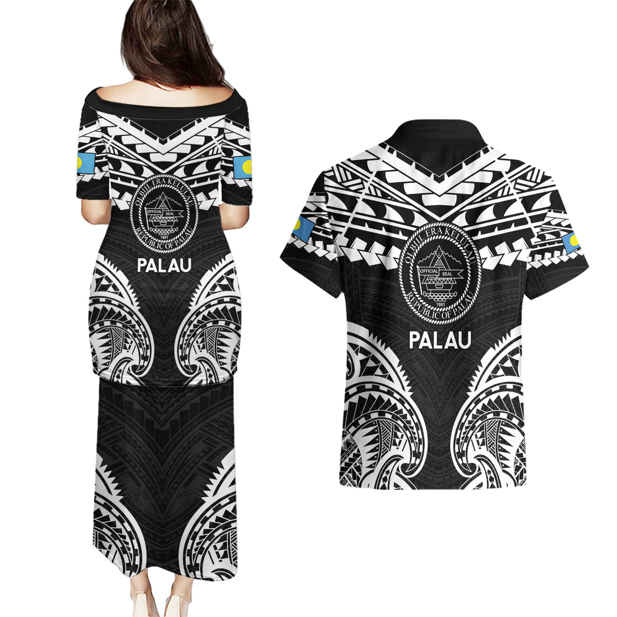 Palau Constitution Day Couples Matching Puletasi and Hawaiian Shirt Belau Seal With Polynesian Pattern - Black