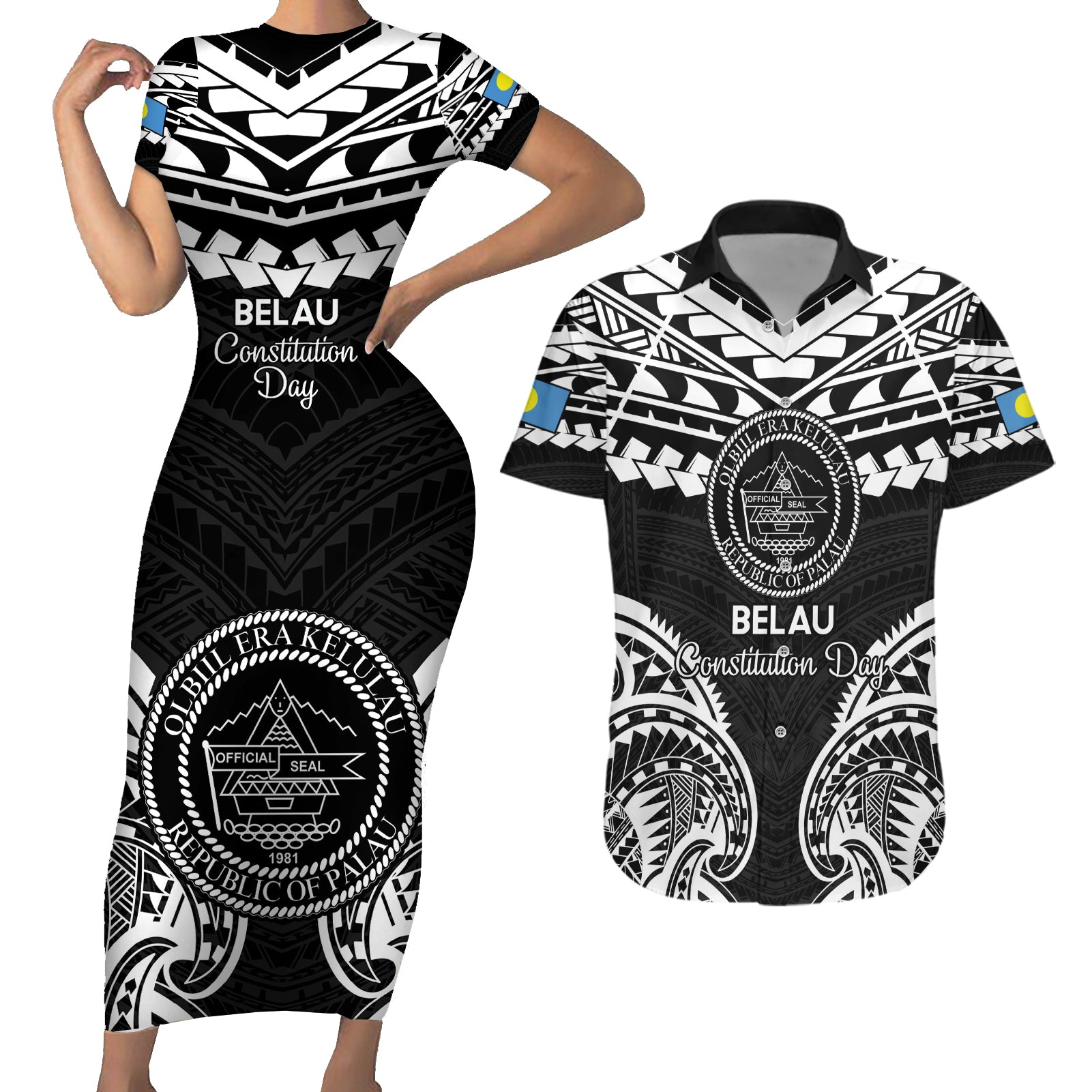 Palau Constitution Day Couples Matching Short Sleeve Bodycon Dress and Hawaiian Shirt Belau Seal With Polynesian Pattern - Black