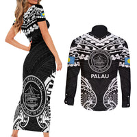Palau Constitution Day Couples Matching Short Sleeve Bodycon Dress and Long Sleeve Button Shirt Belau Seal With Polynesian Pattern - Black