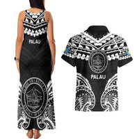 Palau Constitution Day Couples Matching Tank Maxi Dress and Hawaiian Shirt Belau Seal With Polynesian Pattern - Black