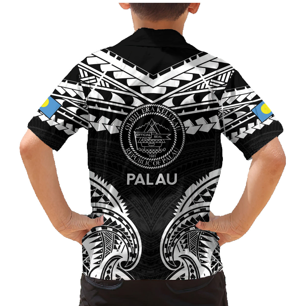 Palau Constitution Day Family Matching Mermaid Dress and Hawaiian Shirt Belau Seal With Polynesian Pattern - Black