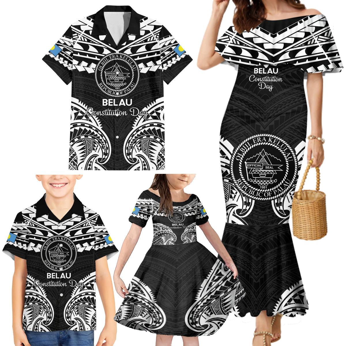 Palau Constitution Day Family Matching Mermaid Dress and Hawaiian Shirt Belau Seal With Polynesian Pattern - Black