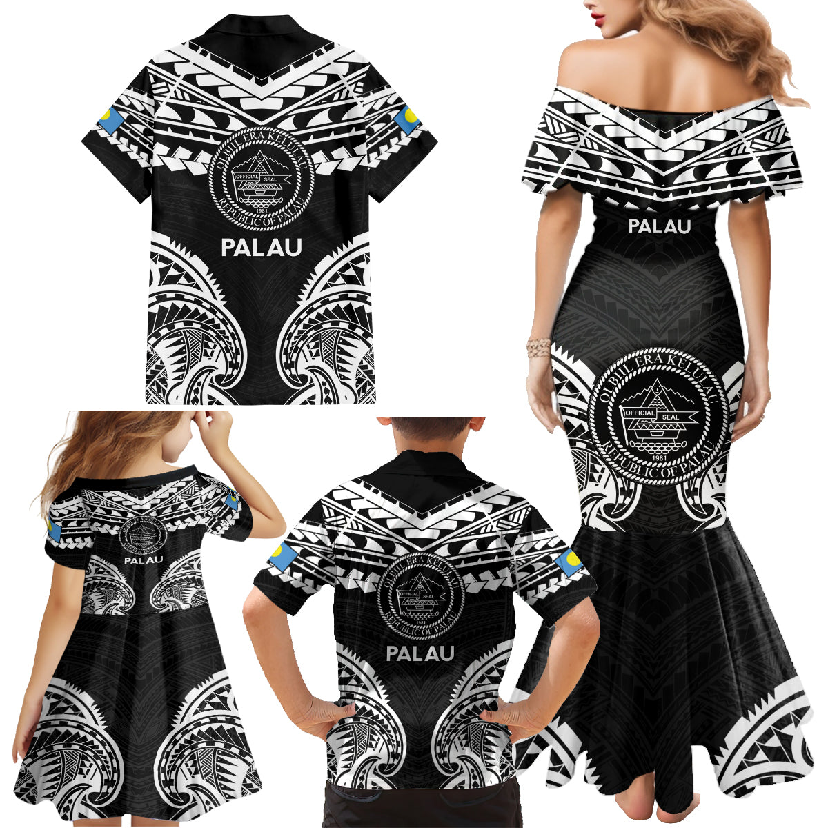 Palau Constitution Day Family Matching Mermaid Dress and Hawaiian Shirt Belau Seal With Polynesian Pattern - Black