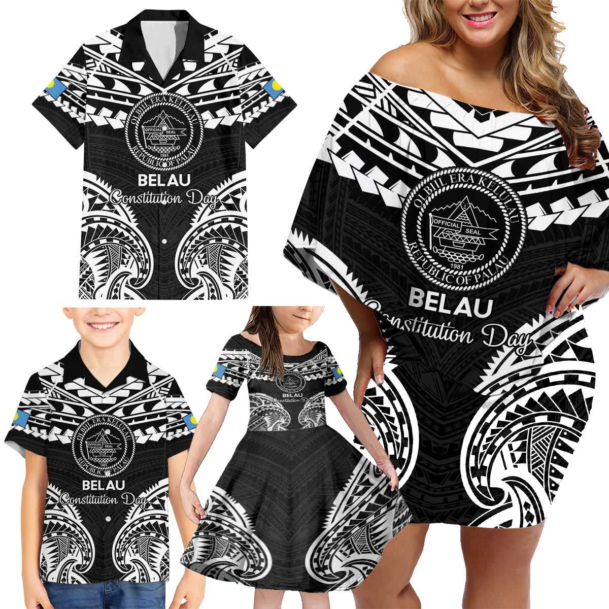 Palau Constitution Day Family Matching Off Shoulder Short Dress and Hawaiian Shirt Belau Seal With Polynesian Pattern - Black