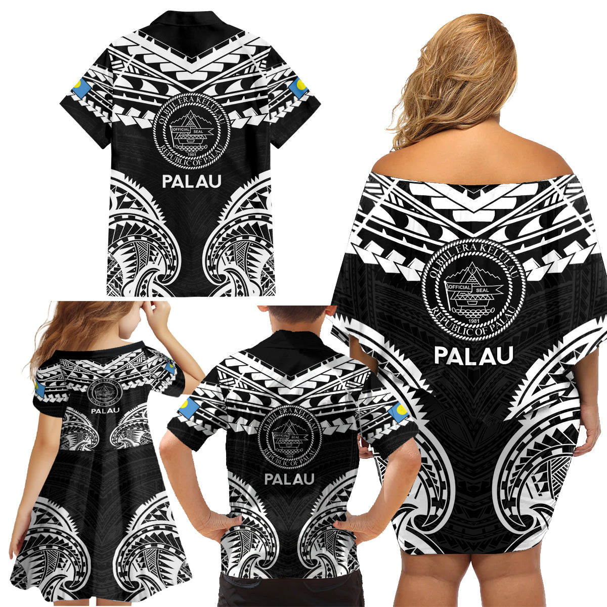 Palau Constitution Day Family Matching Off Shoulder Short Dress and Hawaiian Shirt Belau Seal With Polynesian Pattern - Black
